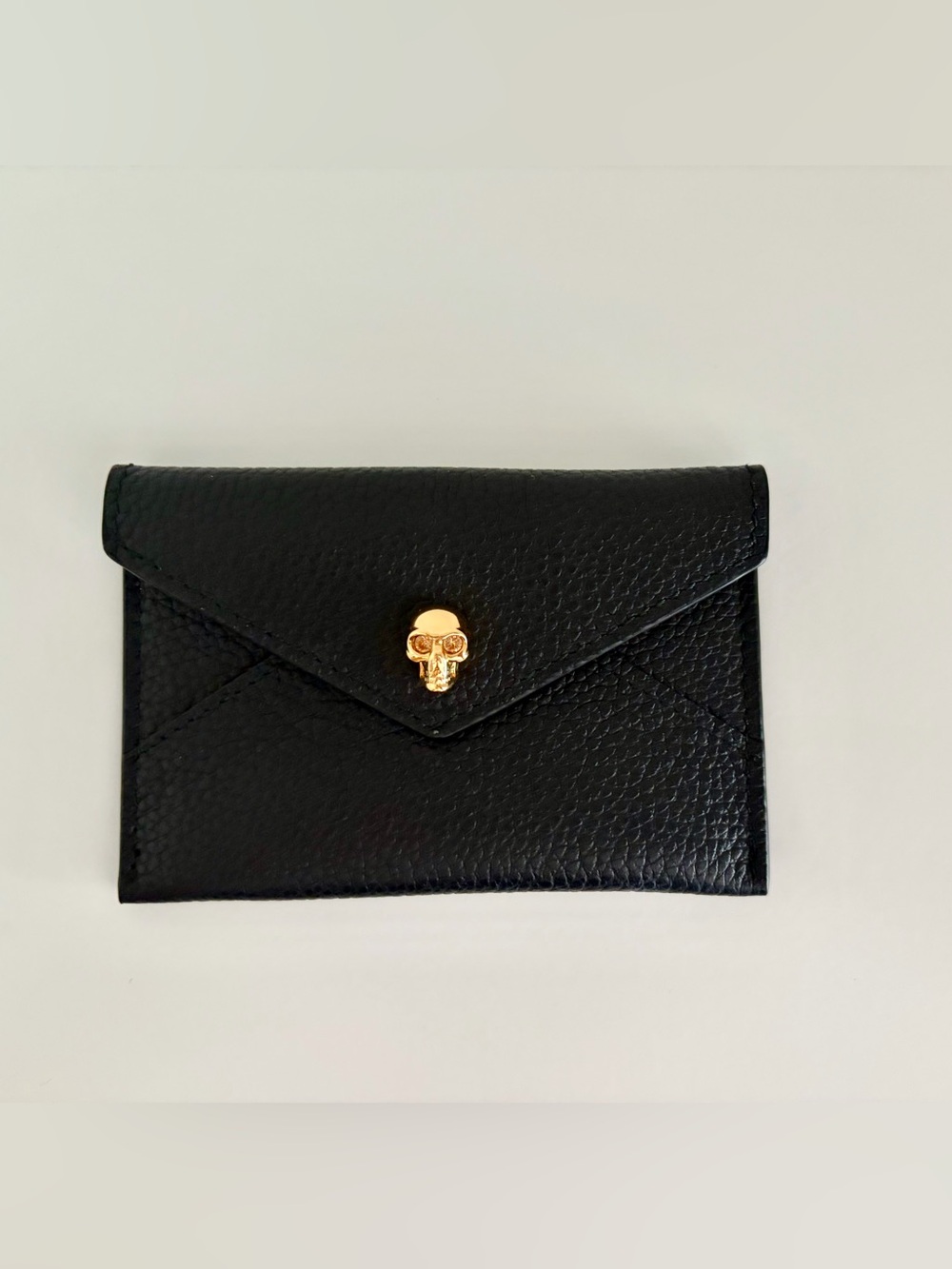 Alexander McQueen Black Pebbled Leather Card Case with Gold Skull